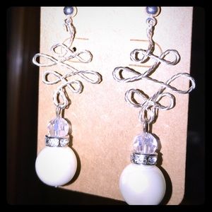 Wire Wrap 925 Silver Drop Pearl / Crystal Earrings